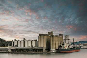 Industrial port of Barcelona in Spain with its container ports and cranes