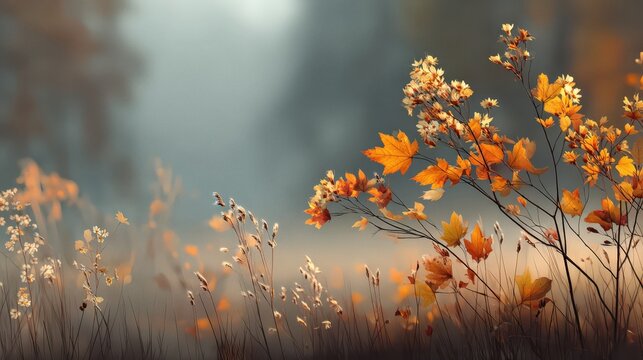 Colorful autumn nature background with flowers and leaves in a misty forest during the fall season, showcasing a blend of warm and earthy tones with natural scenery and foliage - Powered by Adobe