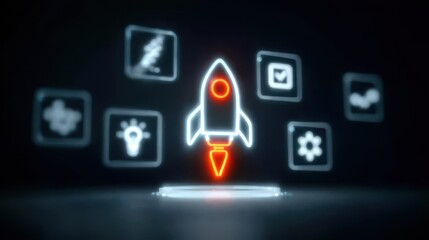Creative idea creation concept illustrating innovative product launch using rocket and idea generation icons