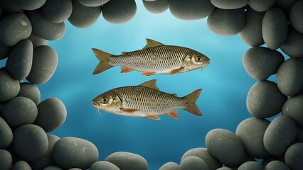 Two fish swimming in blue water.