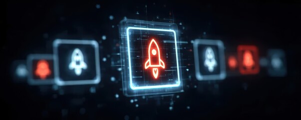 Innovative product launch concept visualized through idea creation using rocket icons and idea symbols