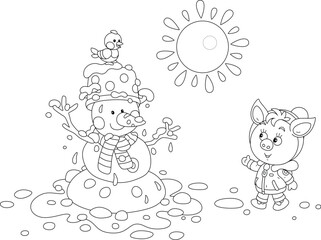 Happy little piglet chatting with a small bird perched on a funny melting snowman in a snow-covered park on a sunny spring day, black and white outline vector cartoon illustration for a coloring book