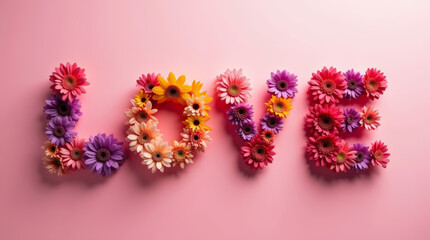Word Love formed from bright flowers on soft pink background. Floral concept for Valentine day, romantic greeting, love celebration and seasonal design