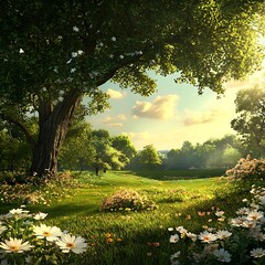 Scenic meadow glowing sunlight white daisies tree beauty spring season floral outdoor peaceful natural view