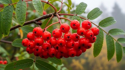 Vibrant rowan berries on tree branch.