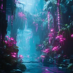 Futuristic jungle corridor glowing neon flowers bioluminescent plants abandoned sci fi structure overgrown with vegetation