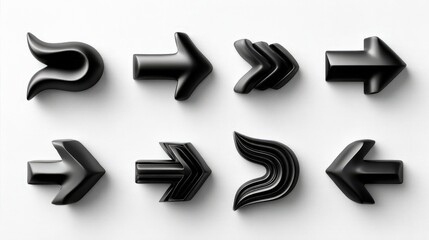 Collection of big black arrow icons showing various styles and directions on a white background for design purposes