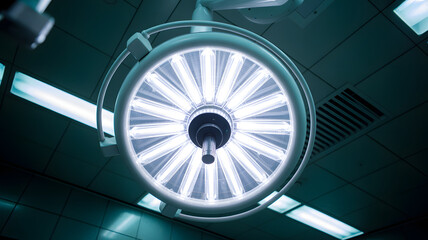 Close-up, low-angle view of a circular surgical lamp with multiple bright LED lights, hanging from the ceiling in a sterile operating room, symbolizing medical precision..png