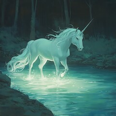 Majestic unicorn galloping enchanted forest glowing water magical light fantasy creature dreamy mystical setting natural beauty image