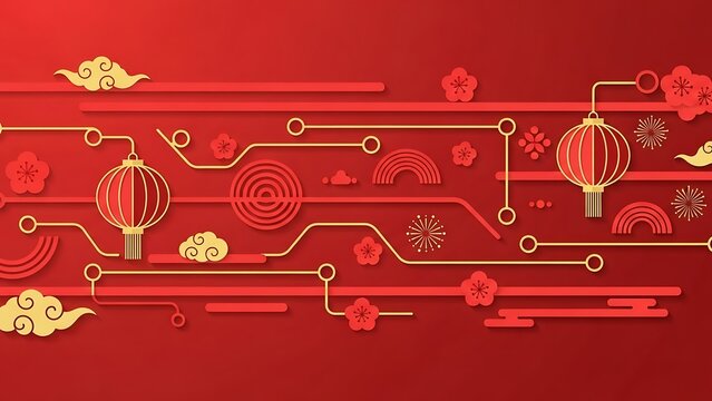 Chinese New Year Circuit Board Lanterns Red Background. - Powered by Adobe