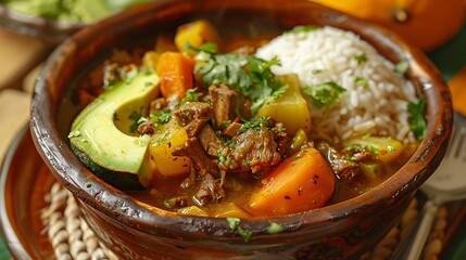 Close up of cazuela with avocado rice and vegetables in a rustic bowl on a woven placemat