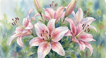 Hand-painted watercolor pink lilies. Suitable for wedding invitations, wall art prints, floral greeting cards, and spring seasonal marketing.