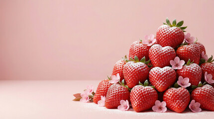 Fresh red strawberries with pink flowers. Perfect for Valentine's Day promotions, food blogs, romantic greeting cards, and healthy lifestyle content.