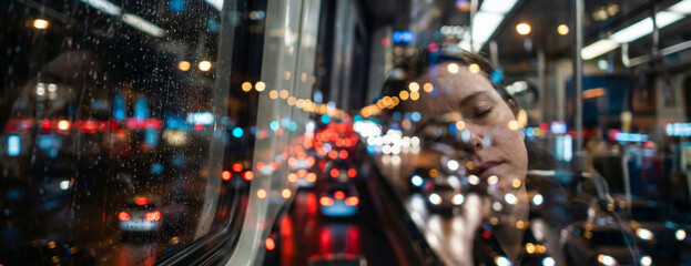 Reflection of a woman sleeping against a rainy window. Perfect for travel blogs, urban lifestyle articles, and mood boards about commuting.