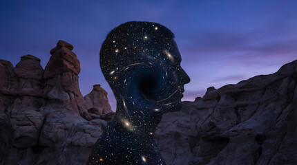 Silhouette of a head filled with a galaxy. Ideal for psychology articles, mental health awareness, sci-fi book covers, and mindfulness topics.