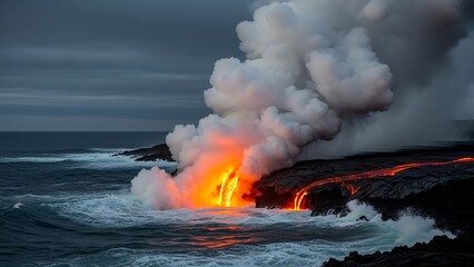 Volcanic eruption in the ocean waves.