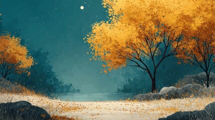 Colorful autumn nature background with flowers and leaves in a misty forest during the fall season, showcasing a blend of warm and earthy tones with natural scenery and foliage