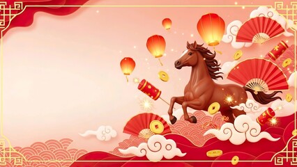 Fototapeta premium Dynamic Chinese New Year Horse Illustration with Lanterns and Firecrackers