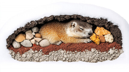 Groundhog Day hibernation cutaway, sleeping groundhog in underground burrow