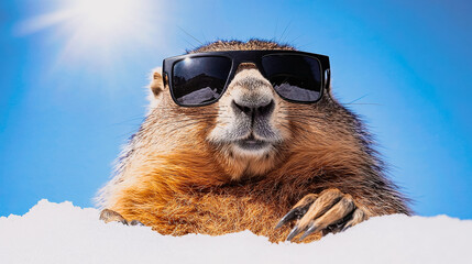 Groundhog Day groundhog wearing sunglasses in snow under blue sky