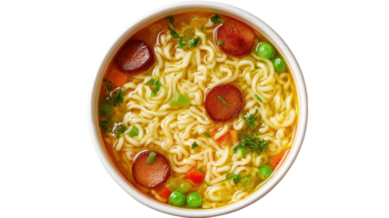 Hot noodle soup bowl with sliced sausage vegetables clear broth top view food photography isolated on white background