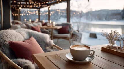 Set beside a tranquil lake, this inviting terrace cafe showcases a steaming latte atop a wooden table, surrounded by soft blankets and twinkling lights, perfect for a chilly winter day