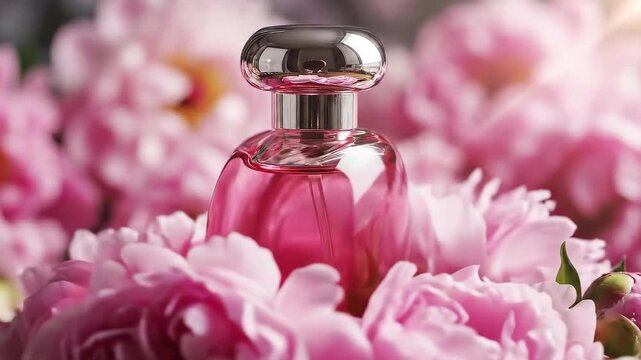 Elegant perfume bottle amidst pink peonies