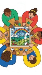 Diverse Children Completing Jigsaw Puzzle Together.