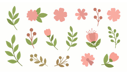Cute floral element vector set with flowers leaves twigs and berries isolated on white © MdShohagAhammad