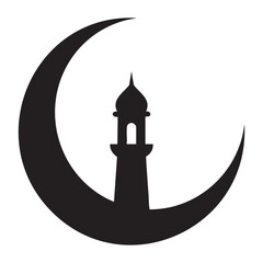 Black crescent moon and mosque minaret silhouette on white background vector