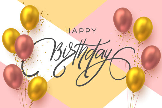 Happy Birthday holiday banner with handwritten lettering, 3d realistic glossy balloons and gold confetti. White and pink geometric background. Vector template for greeting card, poster.