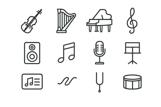 Elegant Music Icons. Elegant music. Line outline icon set of Elegant music: violin, harp, grand piano outline,