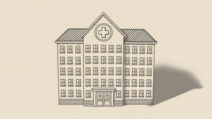 Hand Drawn Hospital Building Illustration with Medical Cross Symbol and Shadow on Textured Paper.png