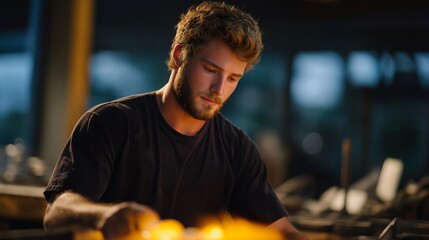 A glassblower controlling molten glass temperature with subtle furnace adjustments, glowing orange material responding instantly to the artisan’s expertise — traditional craftsmanship control, heat