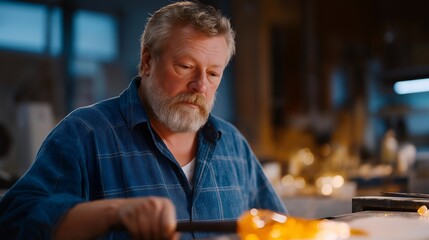 A glassblower controlling molten glass temperature with subtle furnace adjustments, glowing orange material responding instantly to the artisan’s expertise — traditional craftsmanship control, heat