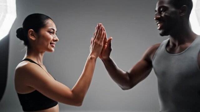Two athletes clasp hands in a high-five gesture, celebrating or acknowledging success