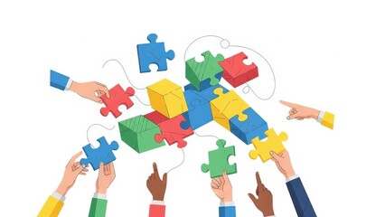 Diverse Hands Assembling Jigsaw Puzzle.