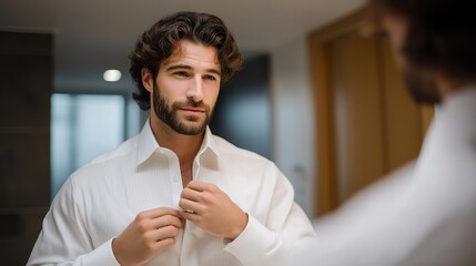 A startup founder practicing a pitch in front of a foggy bathroom mirror, adjusting tone and posture with determined focus — emotional preparation, confidence building, and personal growth in