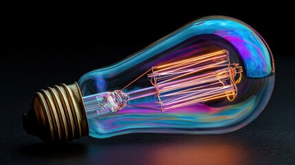 Vintage light bulb with glowing filament and colorful reflections