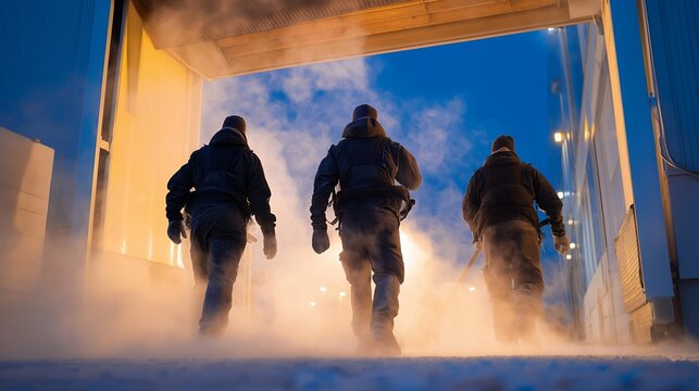 Technicians recalibrating a giant industrial freezer door, icy vapor spilling onto the loading dock as they adjust pressure seals &mdash; facility maintenance, cold-chain reliability, and