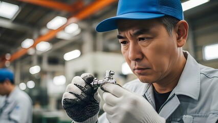 Focused Asian factory worker meticulously inspecting a manufactured metal component with precision in an industrial setting