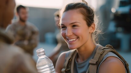 A recruit laughing with fellow trainees during a short break, sharing water and stories that build instant camaraderie — human connection, shared struggle, and the friendships formed in training.