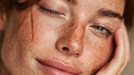 Obraz premium Close-up of young woman with clear skin touching her face promoting beauty and skincare