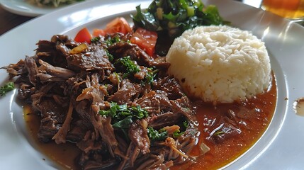 A plate of pulled beef with rice tomatoes and greens on a white plate ready to be eaten for lunch
