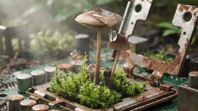 Old computer motherboard overgrown with moss and mushrooms. Nature reclaiming technology from rusty electronics. Post-apocalyptic concept of fungi growing on circuit board