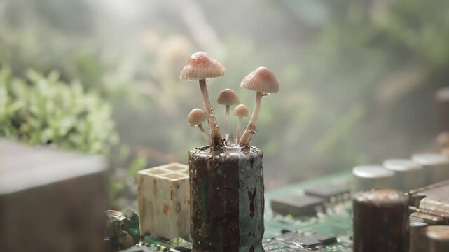 Close-up of mushrooms and moss growing on a discarded computer motherboard capacitor in the rain. Water droplets splashing on fungi reclaiming electronics. Post-apocalyptic nature concept