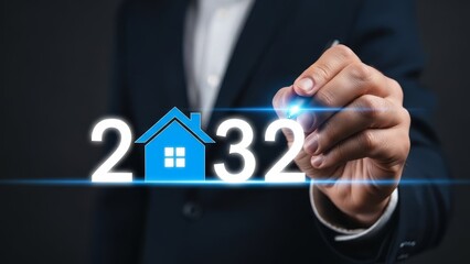 Businessman highlighting numbers and house icon on digital screen