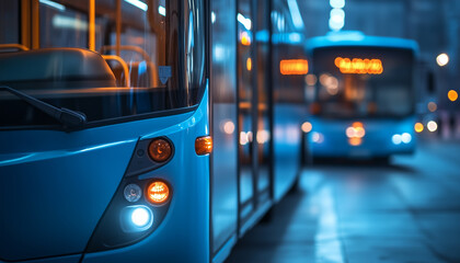 Modern city buses in motion showcasing public transportation in a vibrant urban setting