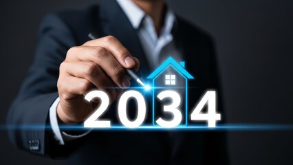 Businessman in suit drawing a house and 2034 digitally on a futuristic interface.