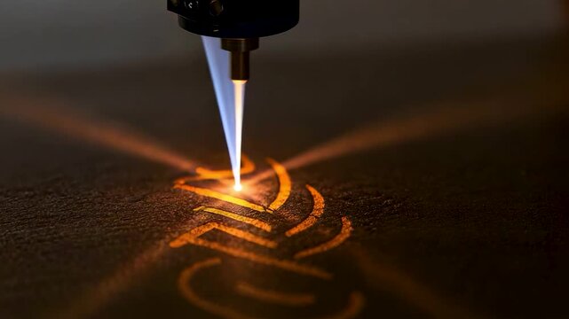 Laser engraving process carving glowing pattern into dark metal surface with extreme precision, controlled heat and detailed industrial craftsmanship